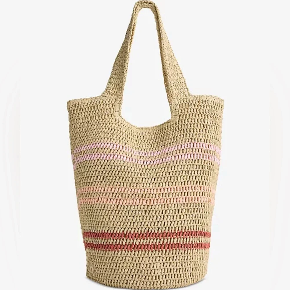 Woven Straw Tote Bag - Tan, Pink, and Red